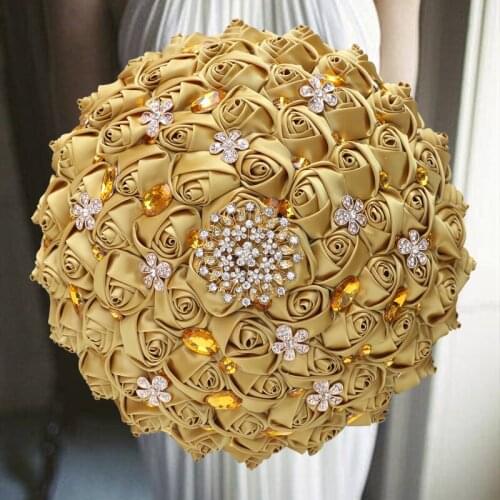 1PCs /lot Gold Wedding Bouquet Silver Diamond Pearl Decoration Bridal Wedding Bouquet Artificial Ribbon Rose