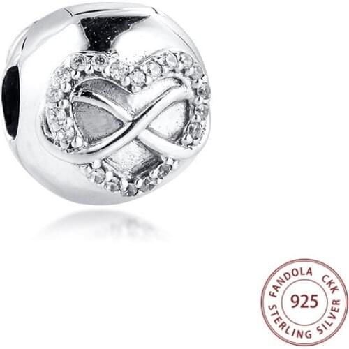 100% 925 Sterling Silver Clear CZ Infinity Heart Clip Stopper Charm Beads for Jewelry Making Fits Original Charms Bracelets DIY