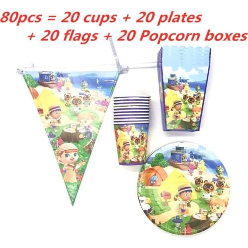 40pcs/80pcs Cartoon Animal Crossing Theme Birthday Party Supplies Paper Cups Plates Popcorn Boxes Banners For Kids Party Decor