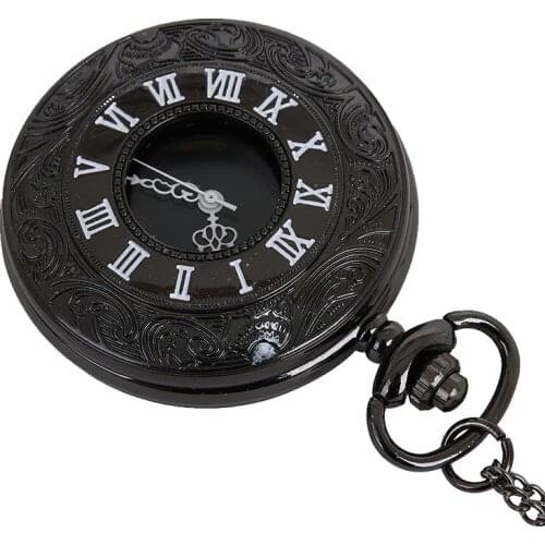 50pcs/lot Vintage Black Carved Roman Number Quartz Pocket Watch with Chain Pendant Gift Watches Wholesale