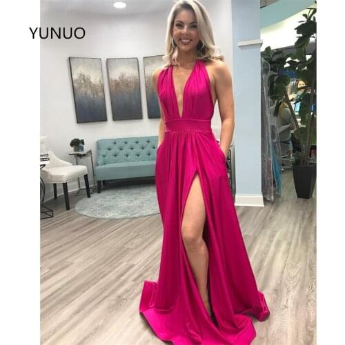 YUNUO Satin Halter Prom Dresses Long Sexy Deep V Neck Formal Dress Womens vestido de festa longo Evening Gowns for Party