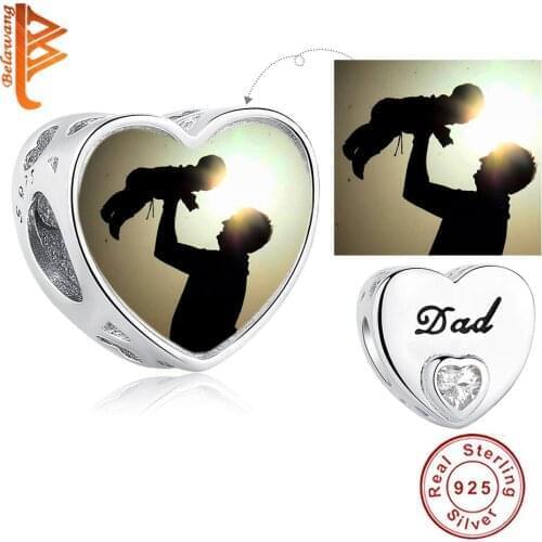 BELAWANG Authentic 925 Sterling Silver Father Day Heart Bead Charm Fit Bracelet DIY Custom Photo Clear Crystal Heart Jewelry