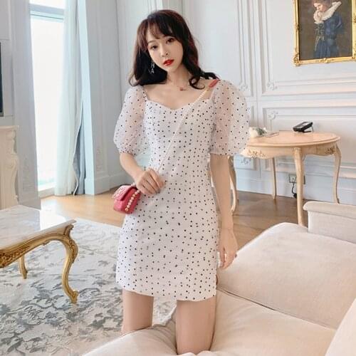 Fashion Summer Korean Vintage Puff Sleeve Mini Party Dress Ladies Elegant Casual Square Collar Dot Print Beach Vacation Dress