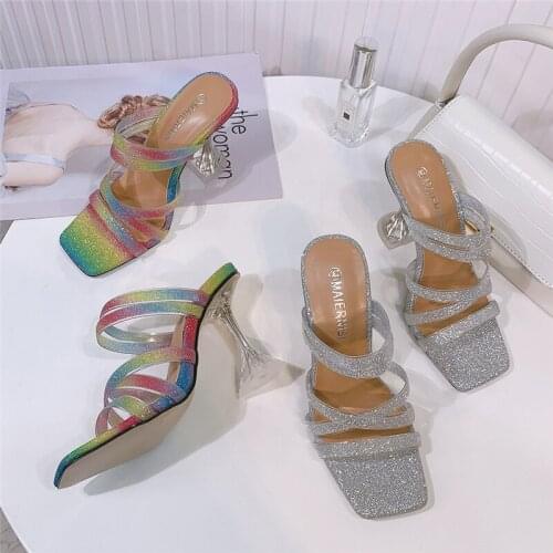 Fashion Mules Slides 9cm High Heels Women Luxury Crystal Slippers Stripper Stiletto Summer Sandals Lady Bling Shoes Big Size 46