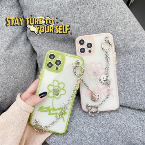 Lovely Soft TPU Phone Case for IPhone 12 Pro Max X XS XR 7 8 Plus SE20 11 Cute Art Line Smile Flower Cover with Bracelet Holder