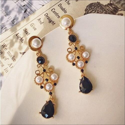 Unusual Earring For Women 2021 Trend Goth Piercing Stainless Steel Jewelry Pendant Vintage Aesthetic Zircon Imitates Pearl Black