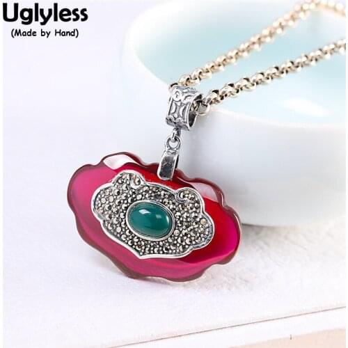 Uglyless Abstract Heart-shape Chalcedony Pendants Necklaces NO Chains Thai Silver Marcasite Necklaces 925 Silver Ethnic Jewelry
