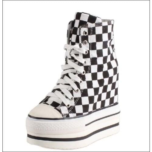 2017 new arrival high quality hidden wedges high top canvas casual shoes Height Increasing thick sole platform lace up boots