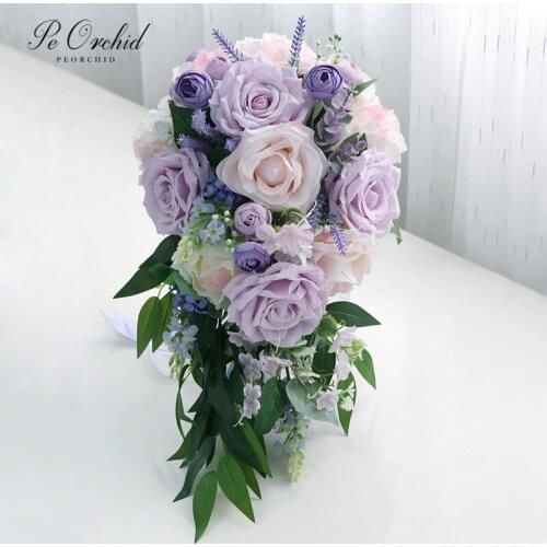 PEORCHID Vintage Purple Bridal Bouquet Waterfall Rose Ramo De Boda Fleurs Artificielles Cascade Wedding Flowers Hand Bouquet