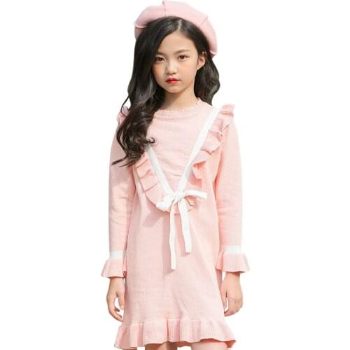 Spring school style ruffle dress age for 4 -14 yrs elegant sweater dress 2019 New autumn long-sleeve knit kids dresses for girls