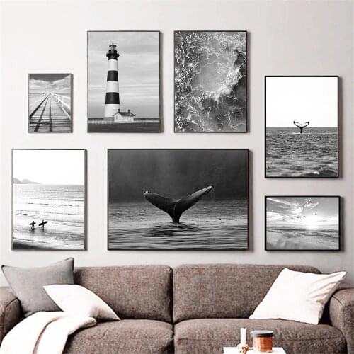 Beach Girl Nordic Poster Black And White Lighthouse Wall Art Print Whale Canvas Painting Ocean Landscape Picture Home Decoration