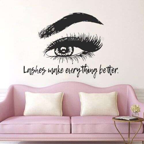 Lashes Make Everything Better Quotes Eyelashes Eye Wall Decal Girls Vinyl Wall Stickers Beauty Salon Makeup Decor Murals LL2265