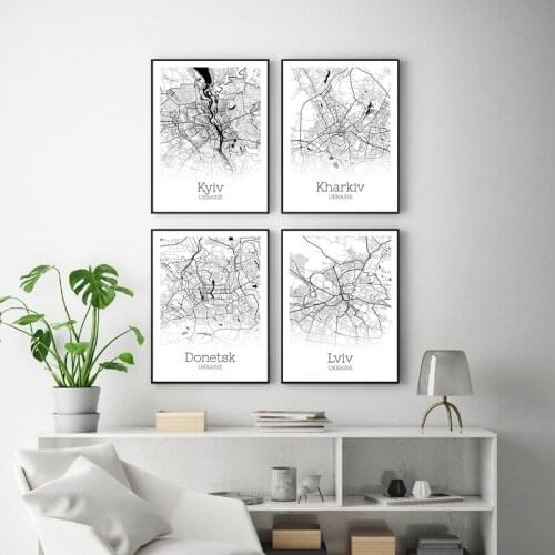 Ukraine City Map Canvas Posters Kyiv, Kharkiv, Donetsk,Lviv Map Art Print Black White Modern Wall Art Painting Office Home Decor