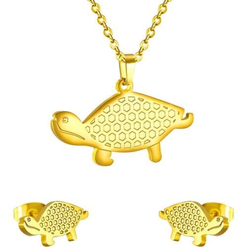 LUXUKISSKIDS Jewellery Stainless Steel Tortoise Pendant Necklace Stud Earring Dubai Indian Gold Jewelry Set For Women Girls