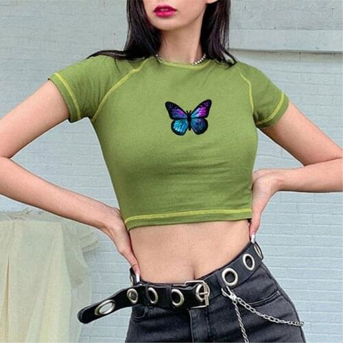T Shirt Women 2021 New Arrival Summer Style Butterfly Letters Printing Show Hilum Round Collar Short Sleeve Tshirt TX16108