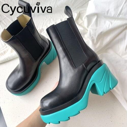 Pink Thick Sole Genuine Leather Chelsea Boots Women Chunky High Heel Ankle Boots Ladies Motorcycle Boots Runway Platform Shoes