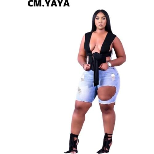CM.YAYA Women Jeans Solid Hole Zipper Pockets Mid Waist Ripped Strechy Staight Denim Shorts Fashion High Streetwear Summer 2021