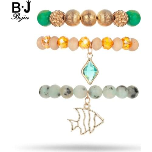 BOJIU New Bohemian Bracelet Sets For Women Brown Crystal Natural Stone Beads Bracelet Femme Hot Fish Geometric Bracelet BCSET67