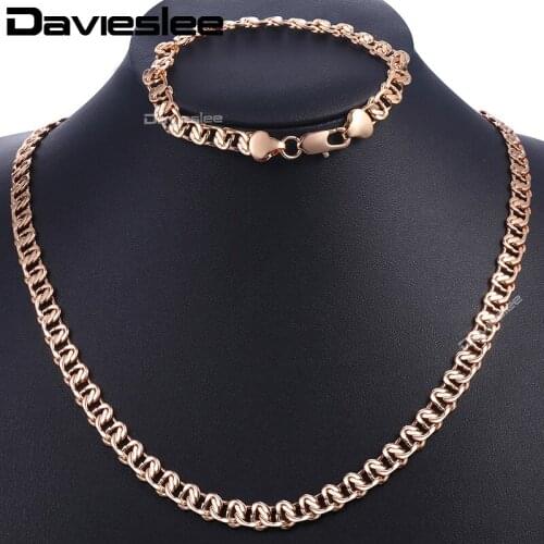 Davieslee Rose Gold Bracelet Neckalce Set For Women Men Curb Cuban Snail Chain Jewelry Sets Wholesale Jewelry 2018 7.5mm DGS63