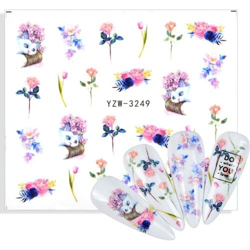 1pcs Cute Cartoon Cat Nails Stickers Water Transfer Sliders Flower Leaves Manicure Pedicure DIY Nails Watermark Decals