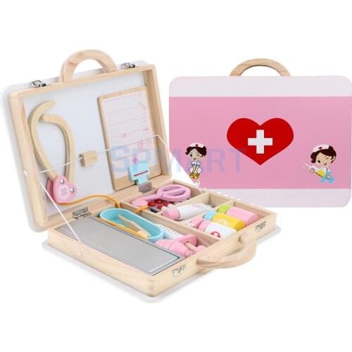 15 Pieces Wooden Doctor Nurse Medical Box Carry Case Suitcase Children Role Playing Set Kids Early Educational Toy Play Activity