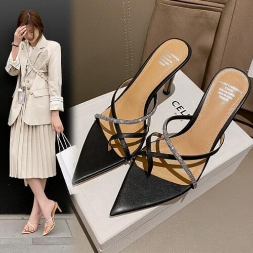 2021 Fashion Rhinestone Women‘s Flip-Flops Ladies Mules Genuine Leather Slippers Thin High Heel Pointed Toe Shoes Wedding Party