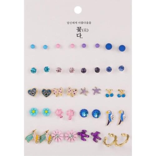 25Pairs/Set Colorful Enamel Bird Heart Flowers Parrot Turtle Earring Set For Girls Crystal Statement Stud Earring Sets Jewelry