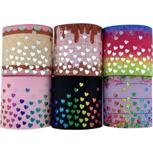 75mm rainbow foil silver foil hearts grosgrain ribbon heat transfer for Valentine designs 100yards welcome custom printed