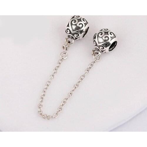 Authentic S925 Silver Sterling Safety Chain Bead for Women Bracelet Bangle Enchanted Heart Safety Chain Bead Charm DIY Jewelry