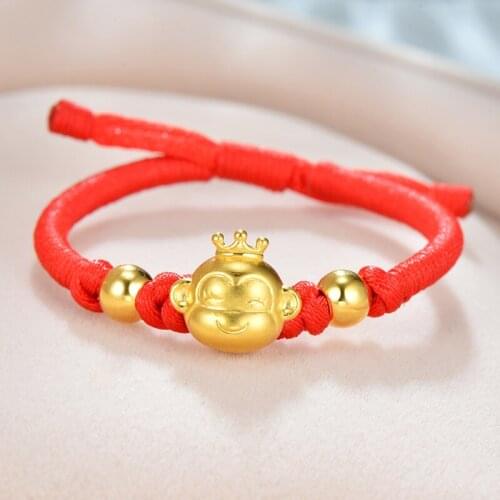 New Pure 999 24K Yellow Gold Bracelet 3D 12*13mm Smart Crowned Monkey &Lucky Beads Fine Knitted Chain