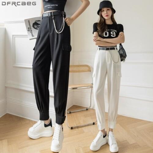 New Summer Cargo Pants Women Casual Streetwear With Belt Loose Harem Pants High Waist Beige White Black Joggers Ladies Trousers