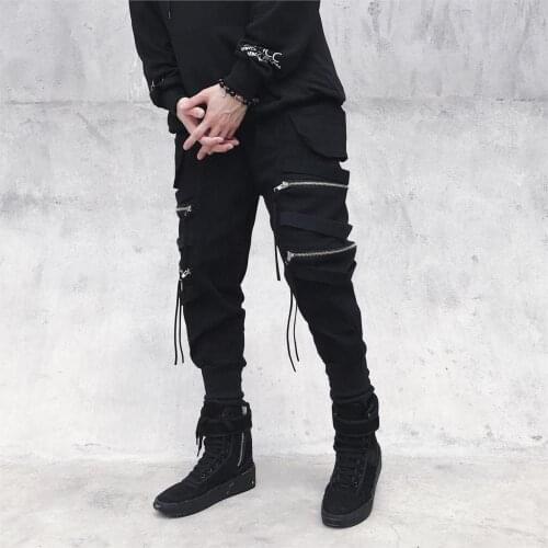 Casual Street Style Ankle Length Sweatpants Men Hop Streetwear Joggers Men Black Zipper Ribbons Harem Pants Cotton