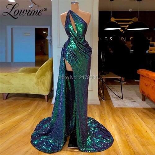 Cheap Party Dress One Sale Green One Shoulder Sequin Prom Dresses Long With High Split Side Saudi Arabia Evening Gowns Vestidos