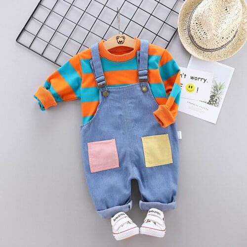 Childrens Clothes Baby Boys Costume Leisure stripe Tops denim overalls Children autumn baby girl outfits girls Set infantil