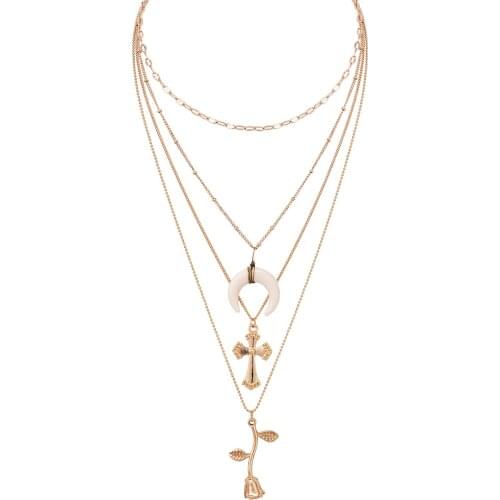2018 New fashion Long Necklace jewelry moon cross rose flower layered pendant necklace set for women girl