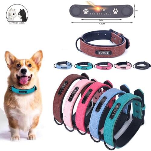 Leather Dog Collar Name Personalized Pet Collar Engraved ID Tag Nameplate for Small Medium Large Dog puppy Pitbull Pug Bulldogs