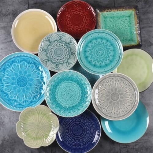 Creative retro hand-painted ceramic cutlery household round flat steak plate art decorative dishes dinner plates ceramic tray