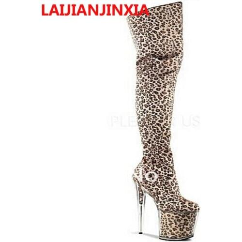 LAIJIANJINXIA LLeopard Grai Women Night Club Sexy 20cm High Heel Over The Knee Boots Party Queen Shoes Platform Pole Dance Shoes