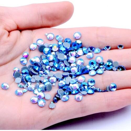 Light Sapphire AB Flatback Hotfix Strass Rhinestones Round Iron On Glass Chatons With Glue Backing Garments Accessories DIY