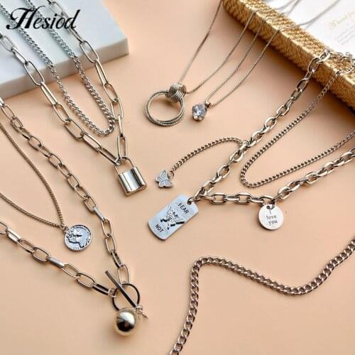 Metal Multilayer Lock Cubic Zirconia Coins Pendant Necklace Silvery Plated Color Hesiod Chain Type Jewelry Accessories For Women
