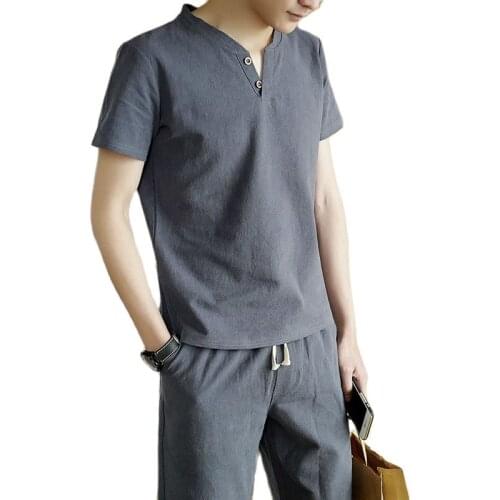 Fashion Summer Shorts 2 Pieces Sets Mens Sets Linen and Cotton tshirt with Shorts Pants Casual T shirt Male Clothing