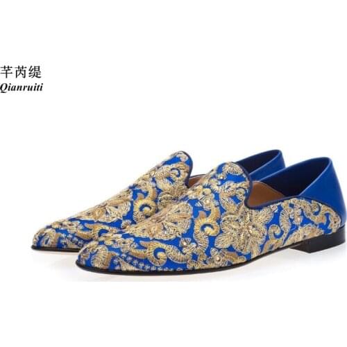 Qianruiti Fashion Shoes 2019 Men Embroidered Flats Crystal Embellished Loafers Slip on Slippers Wedding Shoes