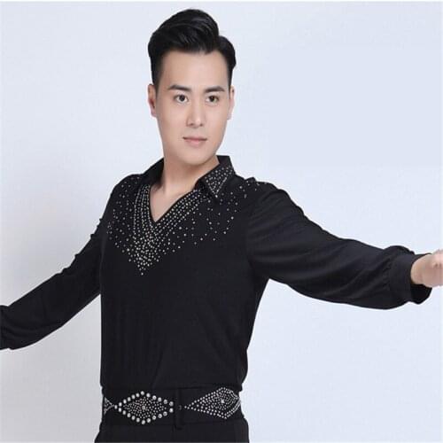 2019 Latin Dance Shirts Men Long Sleeve V Neck Sequin Diamond Tops Ballroom Shirt Practice Wear Competition Dancing Clothes