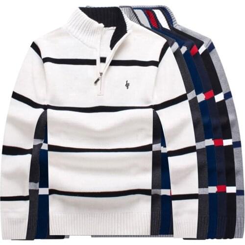 100%Cotton Autumn Winter Half Zipper Turtleneck Stripe Mens Sweaters Casual Warm Slim Fit Sweaters Men Pullover Knitted 8502