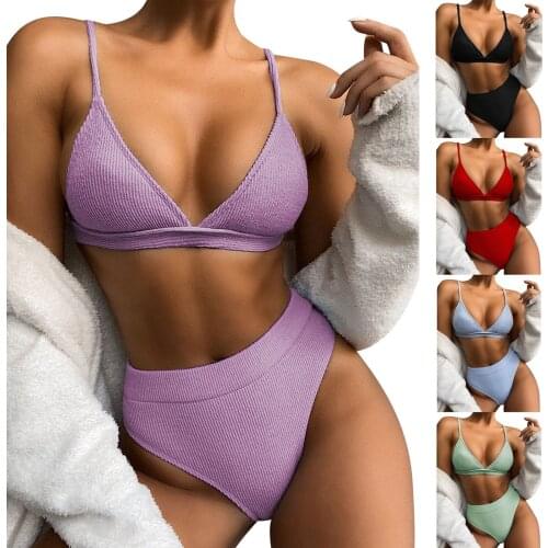 New Hot Sale Fashion 2 Pcs Women Sexy Bathing Suits, Adults Solid Color Triangle Padded Bra + Panties Summer Swimsuit Wholesale