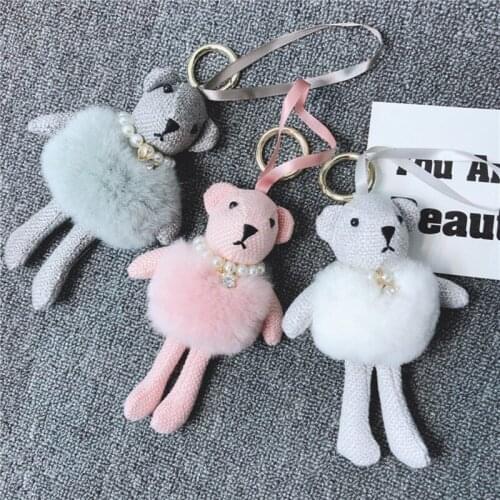 2020 New Mink Plush Skirt Cute Bear Keychain Pearl Rhinestone Creative Key Chain Ladies Car Bag Keychains Jewelry Gifts 17cm