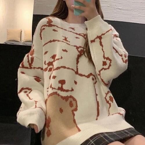 Autumn Winter Bear Embroidery O-neck Thick Warm Pullover Sweater Women Korean Style Basic Couples Sweater Cute Knitted Sweaters