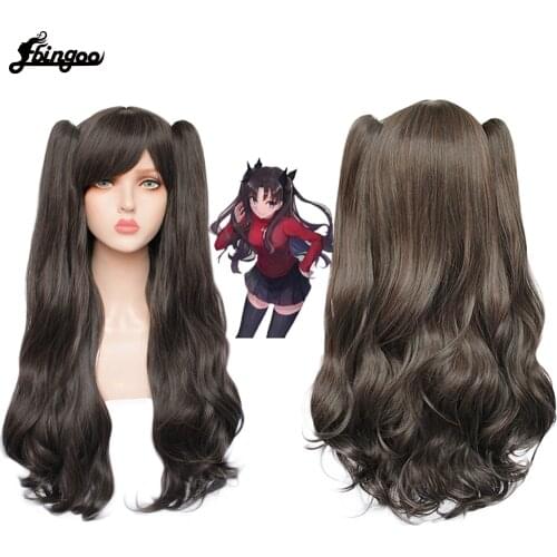 【Ebingoo】 Fate Stay Night Tohsaka Rin Wig Fate Grand Order Synthetic Cosplay Wig Black Long Wave Wig with Clip Double Ponytail