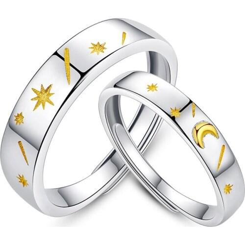 Gold Color Sun Moon Star Couple 925 Sterling Silver Adjustable Rings For Women Men Simple Fashion Korean Jewelry Gift