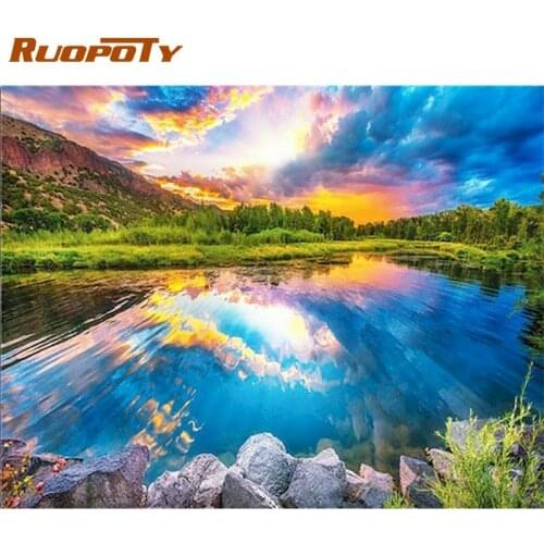 RUOPOTY Painting By Numbers Kits For Adults Beautiful Mountain River Scenery Paint Handmade Acrylic Oil Picture Draw Canvas Wall